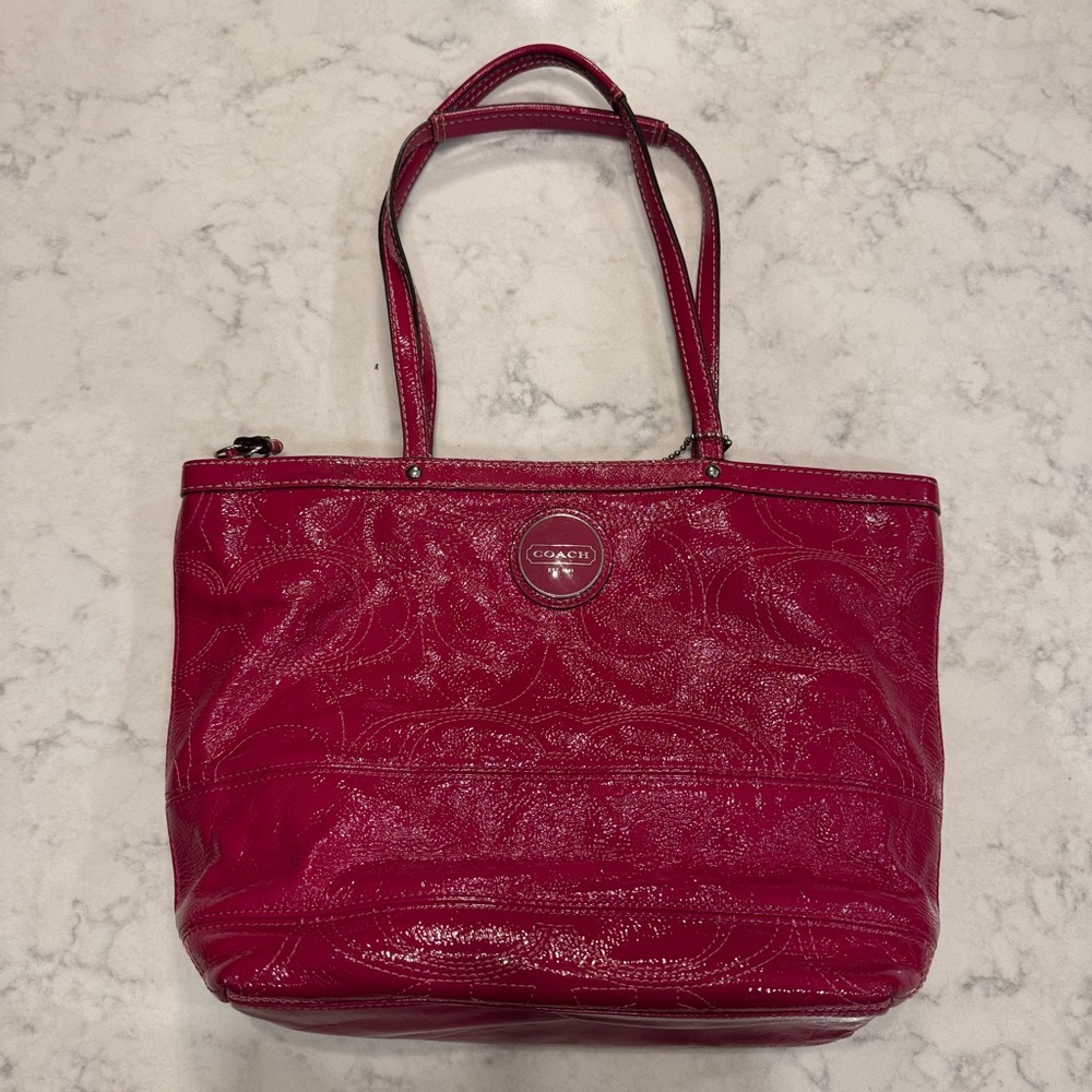 Coach Signature Stitched Berry Patent Leather Shoulder Bag F15142